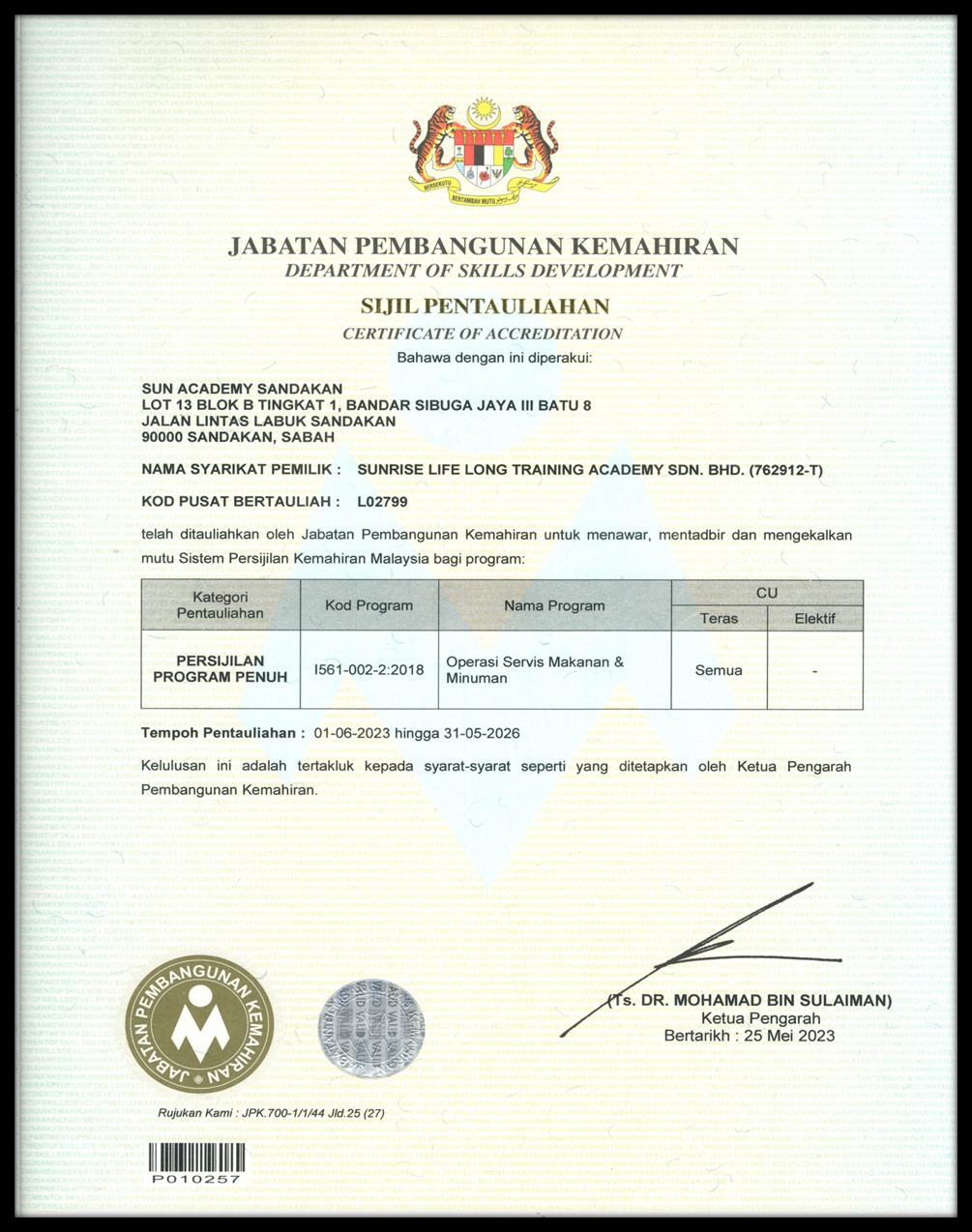 Sijil JPK F&B Level 2